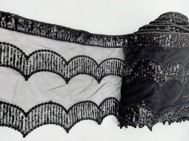 Black Net Scallop Lace Trim with Black Sequins, Sari Border, Embroidered Trim
